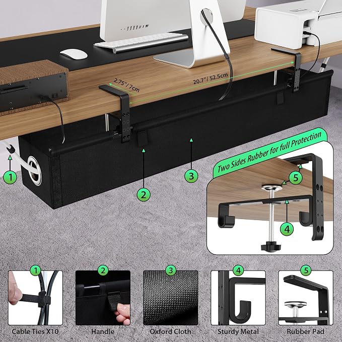 KEEGH Under Desk Cable Management Tray 36", Fabric Clamp/Screw Mount Cord Organizer, No Drill Under Desk Cable Tray for Home, Offices, Studios, Gaming Room (Black)