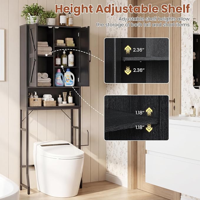 23.6" Over The Toilet Storage Cabinet with Barn Door,Bathroom Organizers and Storage with Adjustable Shelves, Farmhouse Over Toilet Organizer for Bathroom,Restroom,Laundry,Black