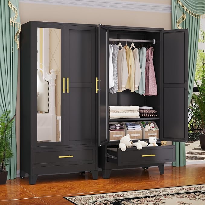GAIOUS Steel Armoire Wardrobe Closet with Mirror Door and Drawer 71" Black | Household Wardrobe Cabinet with Hanging Rod, Metal Clothing Storage Cabinet with Adjustable Shelf for Bedroom, Cloak, Gym