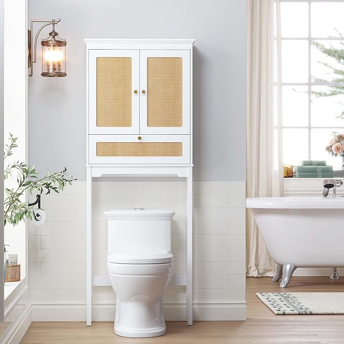 Spirich Over the Toilet Storage Cabinet with Hand-Woven Rattan Doors, White | Tilt-Out Storage Cube, Adjustable Shelf, 33-Inch Toilet Clearance, Anti-Tip Bracket, Bathroom Organizer for Toiletries