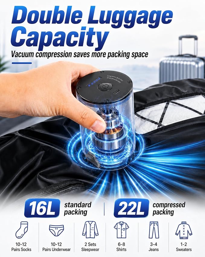 Mity rain 2Pack Travel Vacuum Bags with Pump 5.5kPa Rechargeable | IPX8 TPU Compression Bags, Save 50% Space, 16L/22L Flight & Cruise Essentials 2026