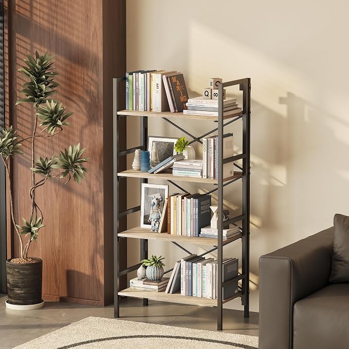 Homeiju Folding Bookshelf,4 Tier Bookcase Foldable Shelf with X-Bracket Design, Adjustable Feet, Space Saving Storage for Living Room, Office, Brownish