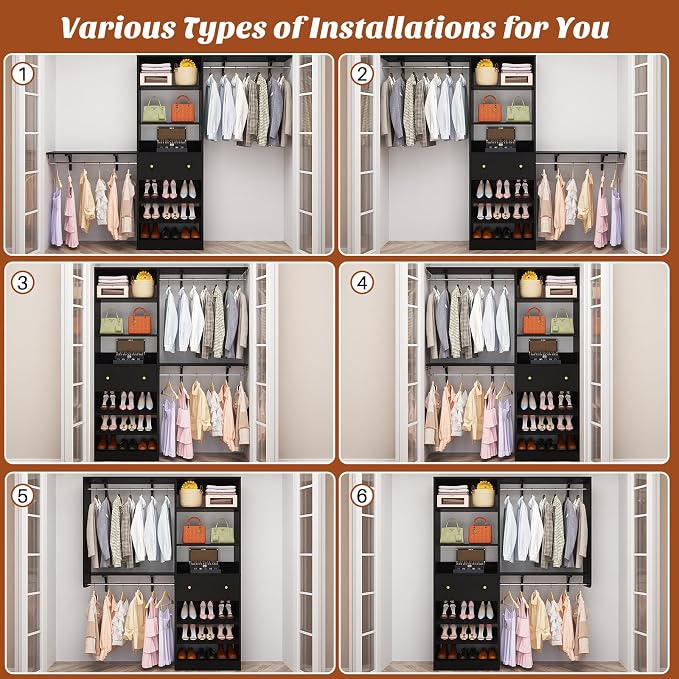 Closet System with Drawer - Reversible 5FT Wood Closet Organizer System with 2 Hanging Rods and Adjustable Shelf, Walk In Closet Organizers with Shoe Rack, Built-In Garment Rack Clothes Rack, Black