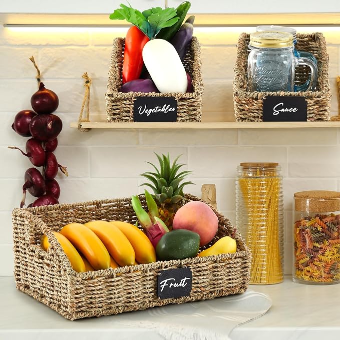 Wonderjune 4 Pcs Natural Seagrass Storage Baskets Set Stackable Handwoven Wicker Storage Bins with Chalkboard Label Built-in Handles Woven Container Basket Kitchen Baskets for Shelves