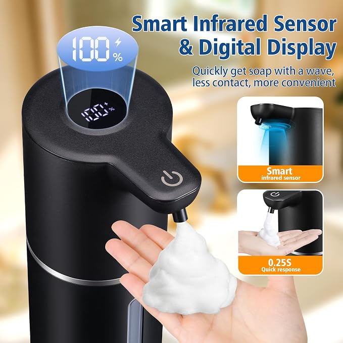 Automatic Foam Soap Dispenser Touchless | USB Rechargeable Smart Hand Soap Dispenser, 4-Level Adjustable, 12oz Wall Mounted for Bathroom Kitchen(Black Foam)