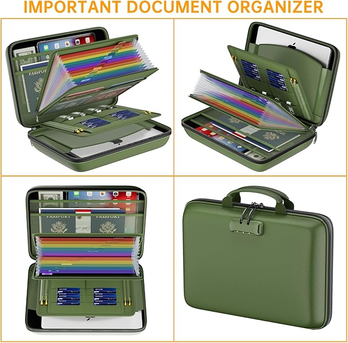DocSafe Fireproof File Organizer with Lock, Hard-Shell Case Fireproof Document Box with 13 Pocket Accordion File Folder, Portable Home Office Travel Safe Storage for Important Documents Laptop Green