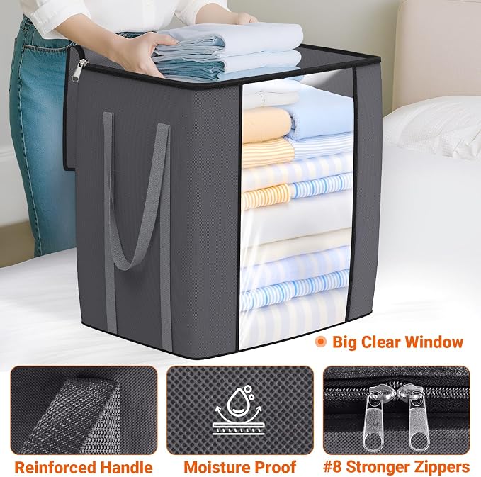 TasticTotes 120L Extra Large Blanket Clothes Storage Bags, Black, 6 Pack | Foldable Blanket Storage and Organization, Thick Fabric Containers with Reinforced Handles & Zippers for Comforters, Bedding