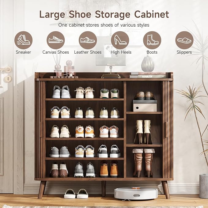 Shoe Cabinet with Sliding Door, 5-Tier Hidden Shoe Rack with Adjustable Shelves, Wooden Shoe Storage Organizer with Open Bottom Space, Freestanding Shoe Shelf for Entryway Hallway Apartment, (Walnut)