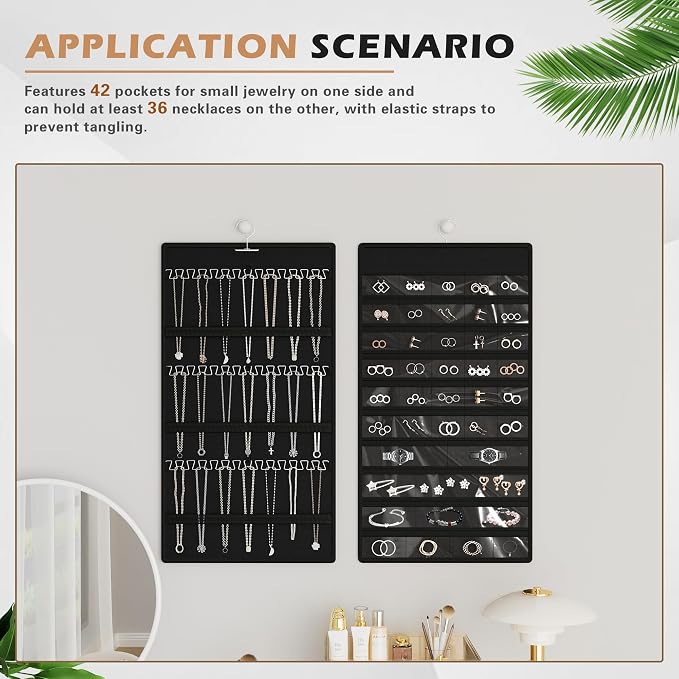 Hanging Jewelry Organizer, Double-Sided Necklaces Holder, Black | 42 clear pockets organize rings & earrings; 36 wire necklace hooks reduce tangles; top hook hangs in closets, walls or doors.
