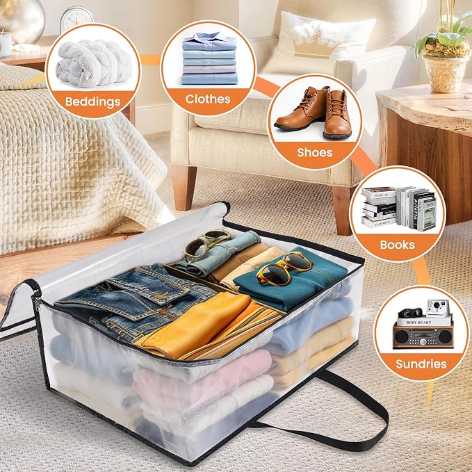 TasticTotes 6 Pack Clear Storage Bags for Comforter, Clothes & Bedding, 40L | Plastic Blanket Storage with Zipper & Handle, Foldable Moving Bags, Closet Organizer and Under-Bed Storage Containers