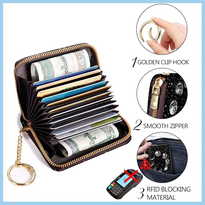 Blusabaca Women Credit Card Holder, Small RFID Wallet with Wristlet Strap | Moon, Removable Keychain, Case Zipper, PU Leather, Cash Coin Pocket, Business Purse with Key Lanyard, Ladies Female Gift