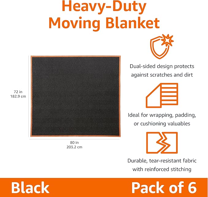 Amazon Basics Reinforced Tear-Resistant Moving Blankets, 72" x 80", Black, 6-Pack