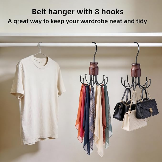 Multi-Purpose Swivel Hook, 8 Prong Design, Wood and Metal for Neckties, Belts, Bands, Bags, Keys Organization (1)