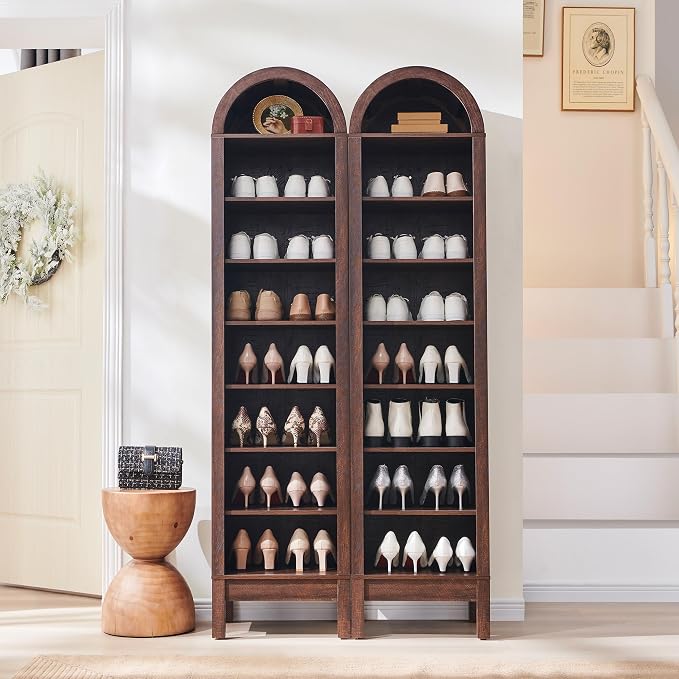IFGET 71" Tall Arched Shoe Storage Cabinet, 8 Tiers 16 Pairs Wooden Shoe Rack with 3 Adjustable Shelves, Freestanding Shoe Closet Shelf Organizer for Entryway, Hallway, Living Room (Brown)
