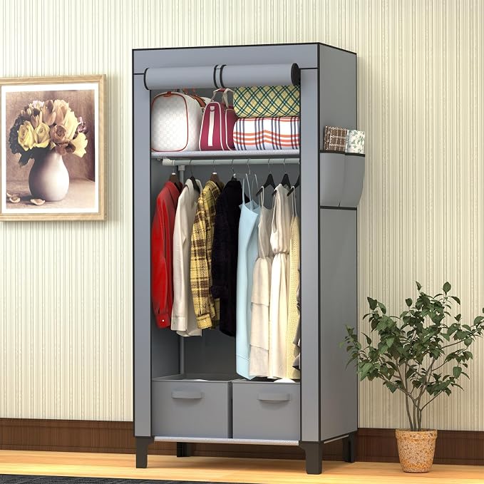 Portable Closet Wardrobe Closet for Hanging Clothes with 3 Hanging Rods for Bedroom, Non-Woven Fabric Clothes Closet for Living Room Easy Assemble (Gray, 2 Columns, 23.2 inch Width)