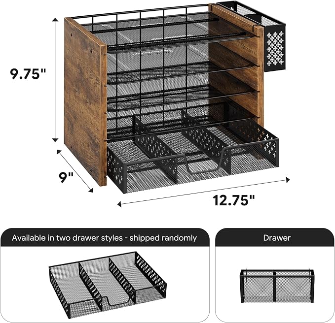 Simple Trending 5-Tier Wood Desk Organizer with Drawer & Pen Holder | 9"L x 12.75"W x 9.75"H. 4 trays + drawer + pen holder. Natural wood + metal. Fits letter-size. Easy assembly. 24h support.