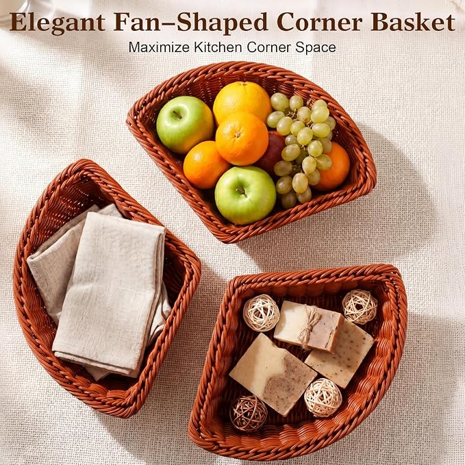 Newtay 3 Pcs Corner Triangle Storage Baskets, Wicker Baskets for Small Cosmetics, Sundries, Snacks, Stackable Hand Woven Corner Cabinet Organizer for Home, Bedroom, Closet, Pantry