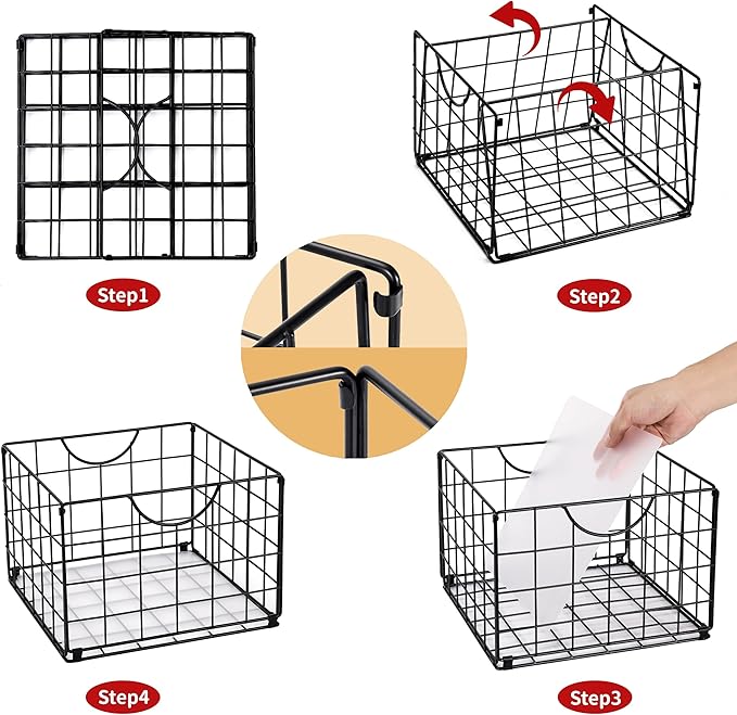 DINGTAI Metal Wire Basket Organizer Foldable Set of 6, Food Storage Mesh Bin with PVC Sheet, Freezer Organizer Bins for Pantry Closet Bathroom-Black
