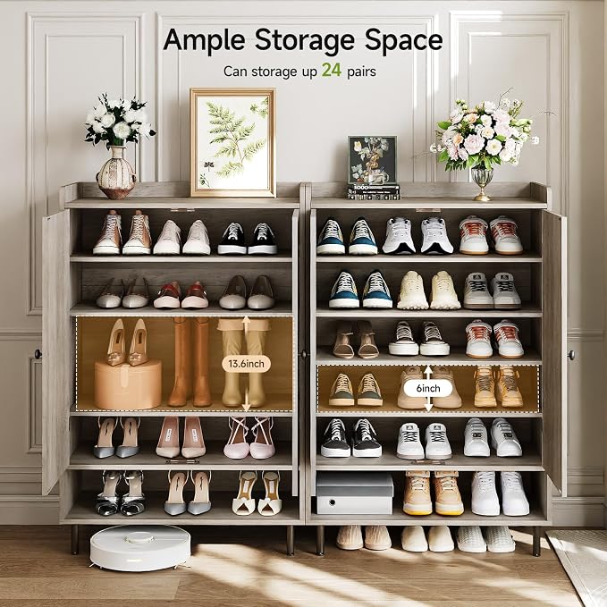 ComfyCorner Grey 7+1 Tier Farmhouse Shoe Storage Cabinet - 45" Tall Entryway Organizer with Cross Molding Doors, 3 Adjustable Shelves & Metal Legs, Shoe Rack for Front Door Entrance