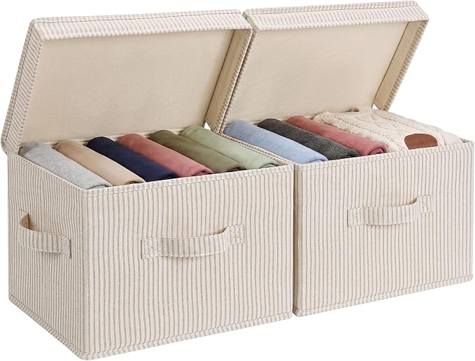 StorageWorks Fabric Storage Bins with Lid, Decorative Storage Boxes for Shelves, Stackable Closet Organizer Basket with Handles, Medium, Khaki and Beige Stripes, 2-Pack