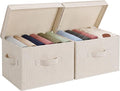 StorageWorks Fabric Storage Bins with Lid, Decorative Storage Boxes for Shelves, Stackable Closet Organizer Basket with Handles, Medium, Khaki and Beige Stripes, 2-Pack
