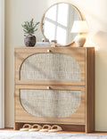 Nicetree Rattan Arched Accent Shoe Storage Cabinet - Freestanding Ultra Slim for Entryway, 2 Flip Drawers & 3-Tier Adjustable Shelves, Farmhouse Modern Rustic Shoe Rack for Hallway, Foyer, Living Room