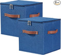 2PCS Storage Cubes with Lid Fabric Storage Bin Box PU Leather Handles Cotton Linen Closet Organizer Container Decorative Foldable Washable Shelf Cloth Basket (Zipper Lid, Deep Blue, 11in)