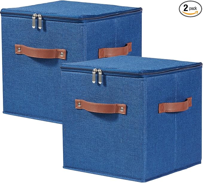 2PCS Storage Cubes with Lid Fabric Storage Bin Box PU Leather Handles Cotton Linen Closet Organizer Container Decorative Foldable Washable Shelf Cloth Basket (Zipper Lid, Deep Blue, 11in)