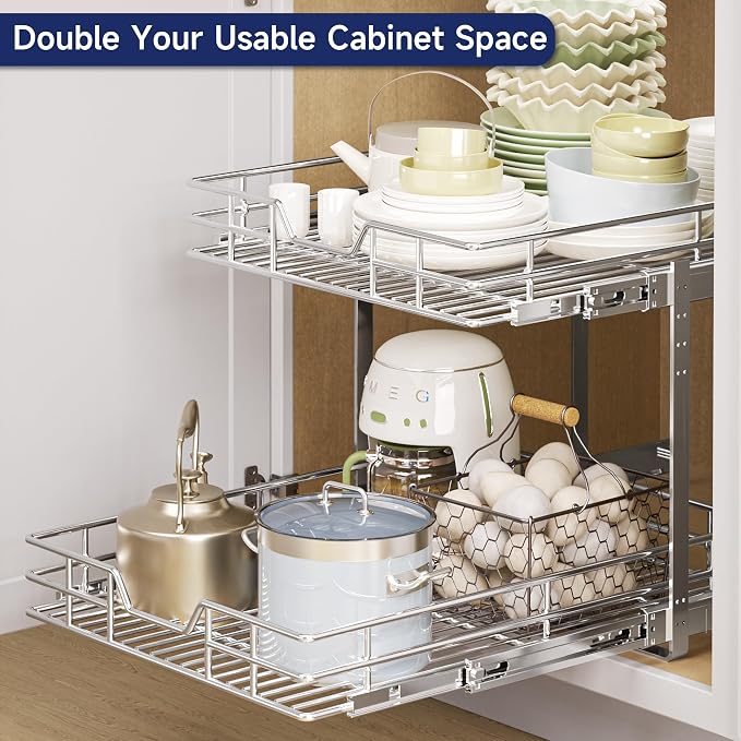 2-Tier Pull Out Cabinet Organizer, 25.5" W x 21.5" D, Heavy Duty Dual Slide Out Shelves for Wide Base Cabinets, Chrome Wire Basket Drawer for Pots, Pans, Pantry & Cleaning Supplies