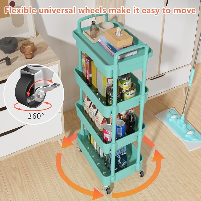 Calmootey 4-Tier Rolling Utility Cart with Drawer,Multifunctional Storage Organizer with Plastic Shelf & Metal Wheel,Storage Cart for Kitchen,Bathroom,Living Room,Office,Green | Space-Saving Organizer, Sturdy Plastic Shelves, Smooth-Rolling Metal Wheel...