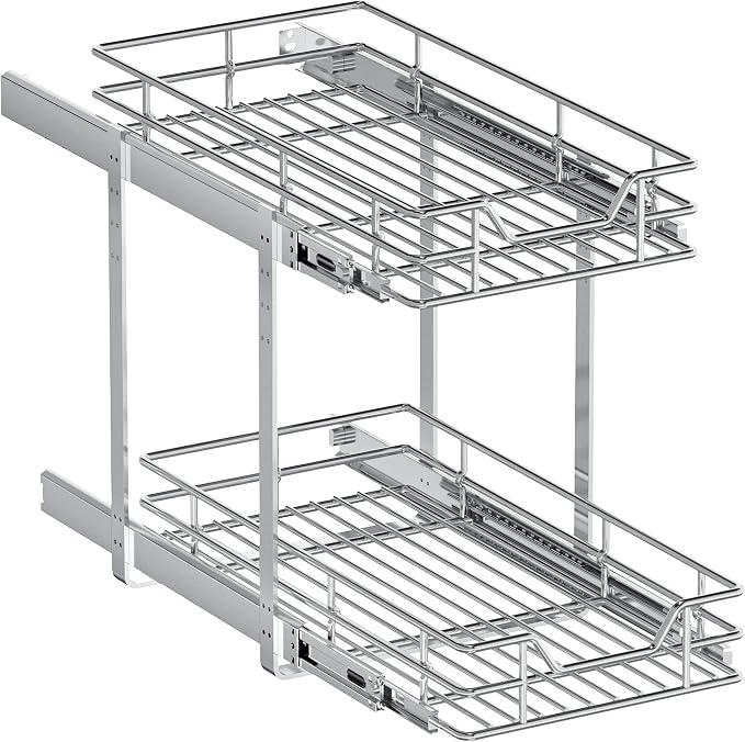 2-Tier Pull Out Cabinet Organizer, 10.5" W x 18" D, Heavy Duty Dual Slide Out Shelves for Narrow Base Cabinets, Chrome Wire Basket Drawer for Spices, Bottles & Snacks