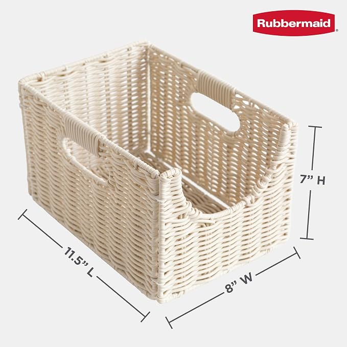 Rubbermaid Woven Storage Baskets - Set of 2 Stackable and Collapsible Bins with Handles, Small Resin Rattan Organizers for Shelves, Closet, Bathroom, Bedroom, 11.5” x 8”, Ivory