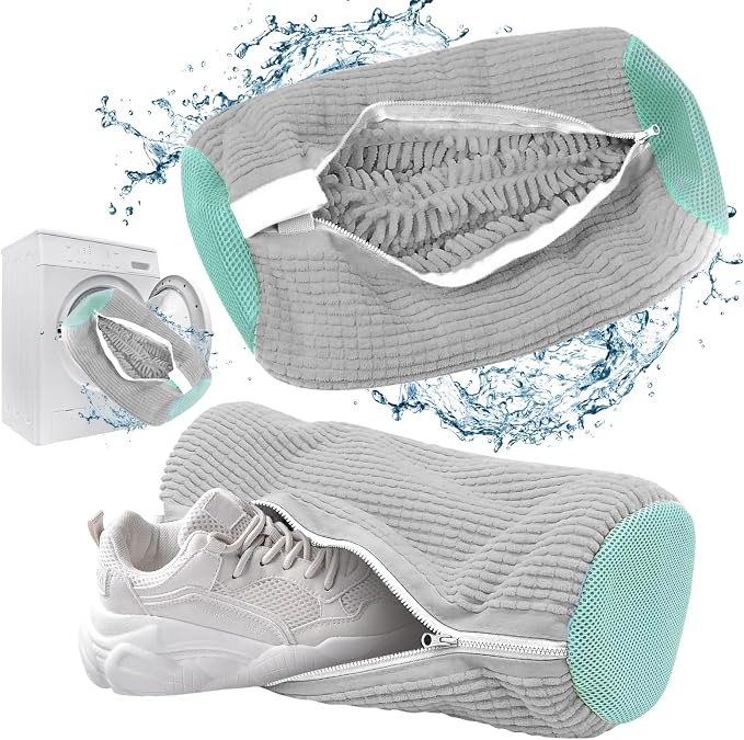 Shoe Washing Bag for Washing Machine, Shoe Laundry Bag For Washer And Dryer, Fluffy Fibers 360° Wrap-around Cleaning, Reusable Washer Shoe Bag For Sneaker Gym Shoes and All Shoe Types (Gray)