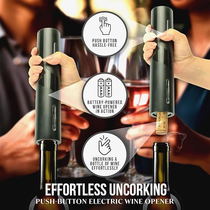 Cork & Vine ‘The Barkeeper’ 9-Piece Beer and Wine Set | Bar Accessories for The Home Bar Set | Battery Operated Cordless Beer & Wine Bottle Opener, Deluxe Wine Bottle Stopper | Preserve Opened Wine