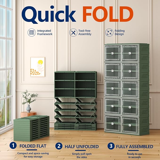 Foldable Shoe Cabinet with Magnetic Clear Doors, Wide Design Shoe Rack for Entryway, Portable Shoe Organizer Meeting Diverse Storage Needs (Green, 2Row 10Tier)