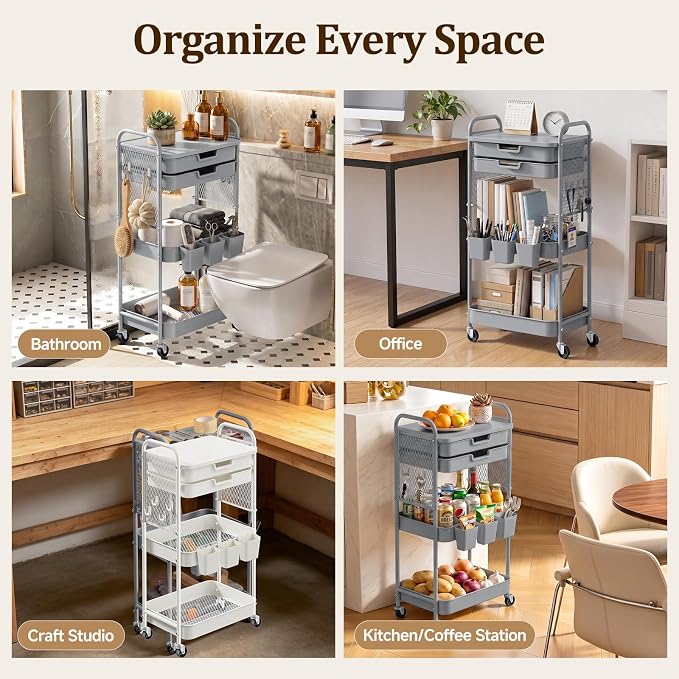 3 Tier Rolling Cart with 2 Drawers, Metal Utility Storage Carts with Wheels | Kitchen Rolling Cart 4.5" Deep Basket, Mesh Side Panel with 3 Cups, 4 Hooks for Office, Bedside, Craft Storage Cart