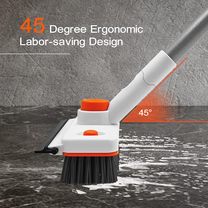 Floor Scrub Brush with Long Handle, 3 in 1 Extendable Stiff Bristle Scrape Brush, 60-In Shower Scrubber Brush with Squeegee and 2 Replacement Heads for Cleaning Bathroom Kitchen Deck Tub Tile