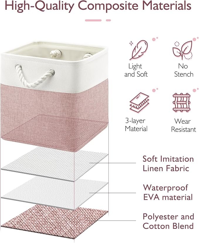 Patvingot 13x13x13 Cube Storage Bins,4 Pack Large Foldable Fabric Storage Cubes with Handles for Organizing Home, Closet, Shelf, Office(White&Pink)