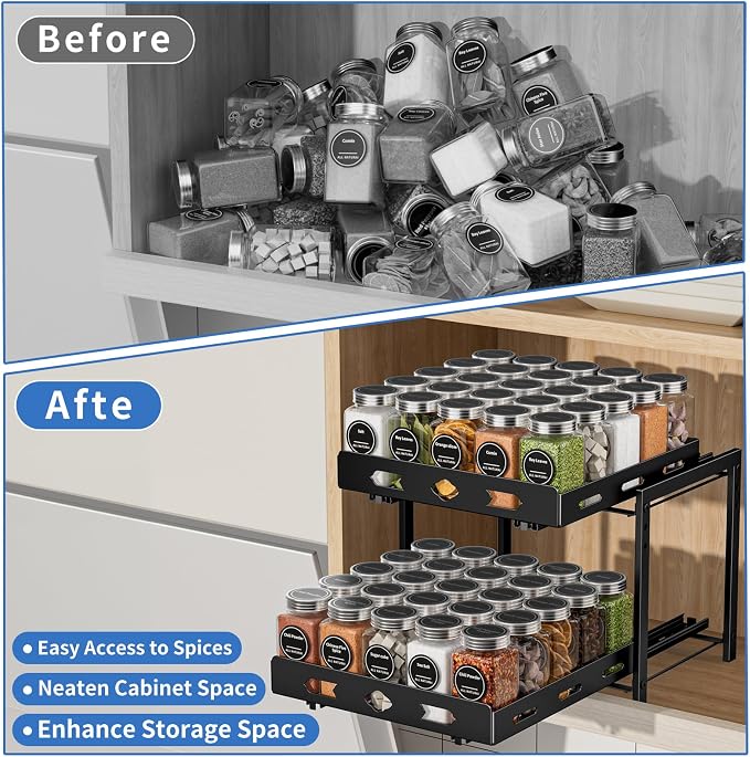 Pull Out Spice Rack Organizer for Cabinet, 2 Tier Cabinet Spice Rack Organizer, Height Adjustable Vertical Spice Rack for Cabinet, Kitchen, Pantry, Cupboard (11.9''Wx10.8''Dx9.2''H, Metal Black)