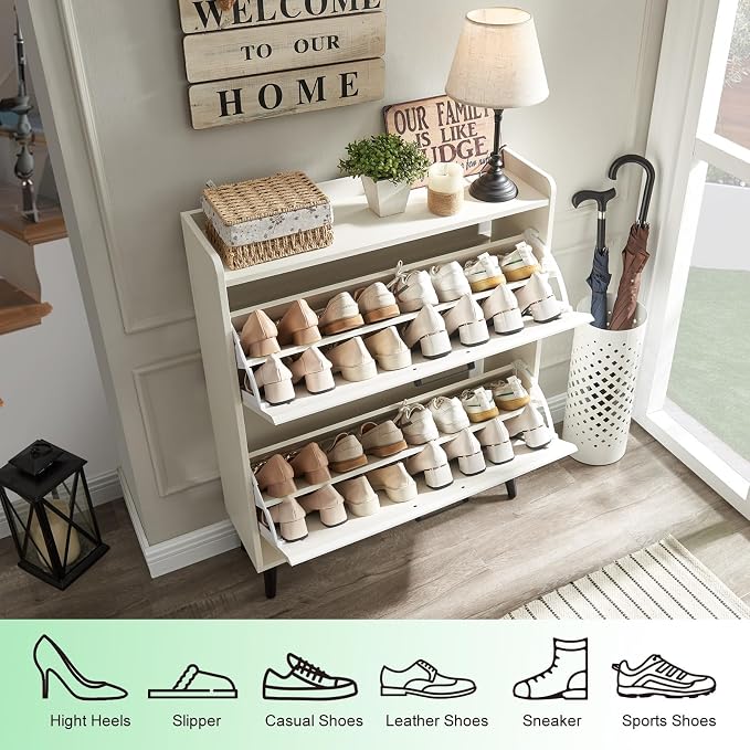 Barnyatoh Shoe Storage Cabinet with 2 Flip Drawers, Farmhouse Hidden Shoe Organizer, Narrow Slim Shoe Rack Cabinet for Entryway Hallway,Antique White