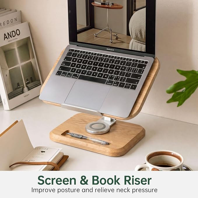 Solid Oak Wood Bookshelf, Adjustable Book Stand, 360° Rotatable Foldable Laptop & Cookbook Holder for Bedroom Office Study