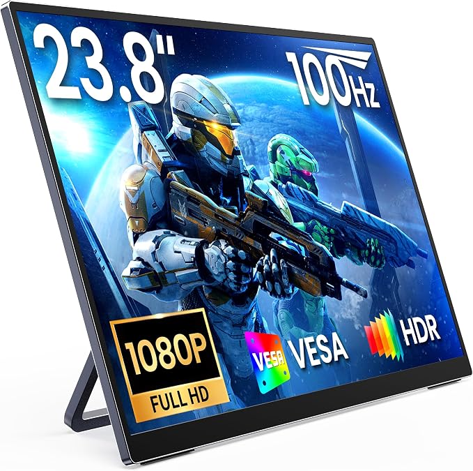 MNN Portable Monitor 23.8" 100Hz 1080P IPS, Ultra Slim Metal Body with Built-in Kickstand & Dual Speakers, USB-C HDMI External Display for Laptop PC Phone PS5 Xbox Switch, Home Office Gaming Monitor