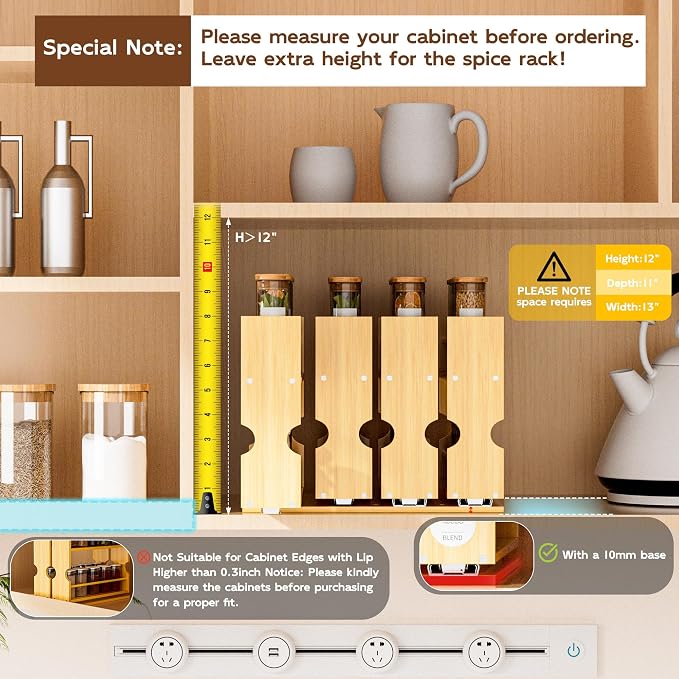 Jolitac Bamboo Pull Out Spice Rack for Cabinet, Slide Out Drawers | Space-Saving, Vertical Organization, Easy to Install, 2.3" Wide, 4 Drawers(1.85" Wide), 2-Tier