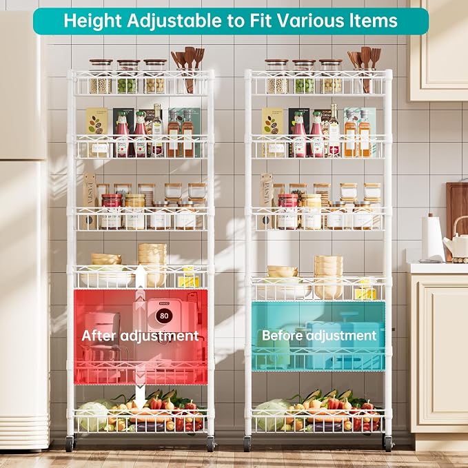 SINGAYE 6 Tier Shelf Wire Shelving Adjustable Storage Shelves Basket Rack | Adjustable Shelves with Wheels Metal Storage Unit Closet Bathroom Organizers Pantry Kitchen Garage Laundry Room White