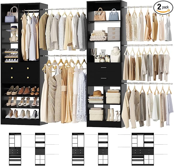 Besiost Closet System, Up to 128.6"/10.7 FT Closet Organizer with 4 Wooden Drawers and Shelves, Walk-in Closet System with 6 Hanging Rods, Built-in Closet Can Fit 96"/8FT, 120"/10FT, Black Set 2