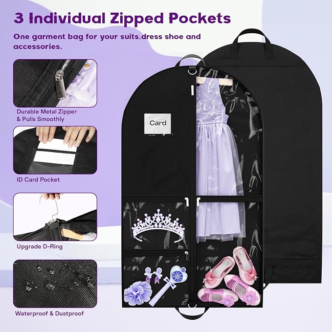 2Pack Dance Garment Bags for Dancers, 40" Garment Bags for Hanging Clothes with 3 Clear Zipper Pockets, Cheer Uniform Garment Bag for Suits, Travel & Sports Jersey, Cheer Uniform(Black, 2Pack 40")