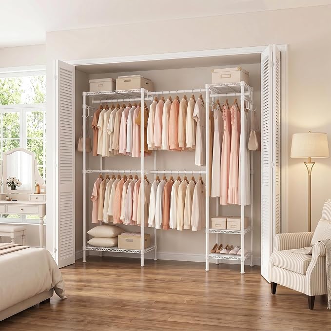 Kryonix 900lbs Expandable Garment Rack - White | Adjustable 70"-88.2" wide with 5 rods & 6 shelves. 900lbs cap. Freestanding metal closet organizer for bedroom laundry.