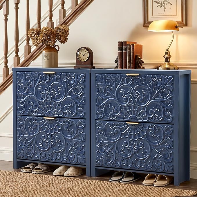 weselon Flip Drawer Shoe Cabinet Set of 2, Narrow Shoe Storage Cabinet, 2-Tier Hidden Shoe Organizer with Carved Floral for Entryway, Slim Shoes Storage for Hallway Foyer (2, Midnight Blue)
