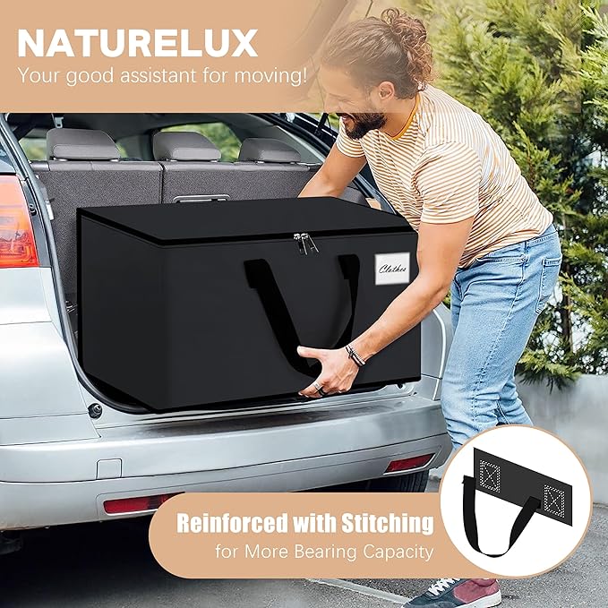 NATURELUX Heavy Duty Moving Bags - Extra Large Packing Bags and Storage Totes, Collapsible and Foldable Option for Moving and Storage, Black, 93 L - 12 Pack