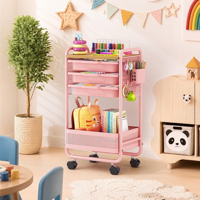 Metal Rolling Storage Cart with 3 Drawers - Utility Cart on Wheels with Pegboard & Wood Tabletop, Multifunctional Trolley Organizer with Hooks & Bin for Living Room,Bedroom,Craft Room,Office,Kids Room